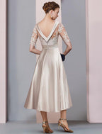 NumberSea - A - Line Mother of the Bride Dress Wedding Guest Vintage Elegant Scoop Neck Tea Length Satin Lace Half Sleeve with Ruched Appliques