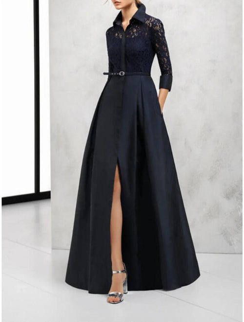 NumberSea - A - Line Mother of the Bride Dress Wedding Guest Vintage Elegant Shirt Collar Floor Length Satin Lace 3/4 Length Sleeve with Sash / Ribbon Split Front Fall
