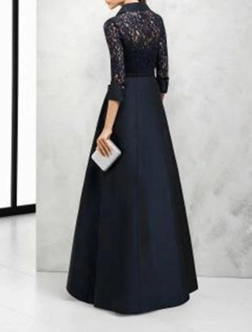NumberSea - A - Line Mother of the Bride Dress Wedding Guest Vintage Elegant Shirt Collar Floor Length Satin Lace 3/4 Length Sleeve with Sash / Ribbon Split Front Fall