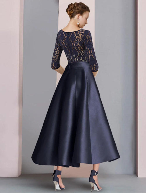 NumberSea - A - Line Mother of the Bride Dress Wedding Guest Vintage Elegant V Neck Ankle Length Satin Lace Half Sleeve with Bow(s) Pleats