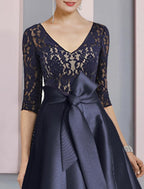 NumberSea - A - Line Mother of the Bride Dress Wedding Guest Vintage Elegant V Neck Ankle Length Satin Lace Half Sleeve with Bow(s) Pleats