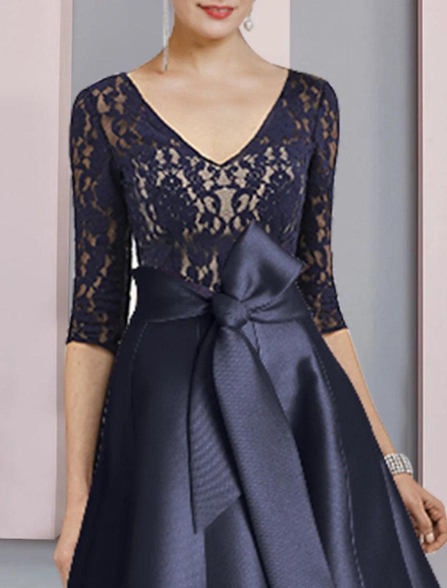 NumberSea - A - Line Mother of the Bride Dress Wedding Guest Vintage Elegant V Neck Ankle Length Satin Lace Half Sleeve with Bow(s) Pleats