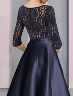NumberSea - A - Line Mother of the Bride Dress Wedding Guest Vintage Elegant V Neck Ankle Length Satin Lace Half Sleeve with Bow(s) Pleats