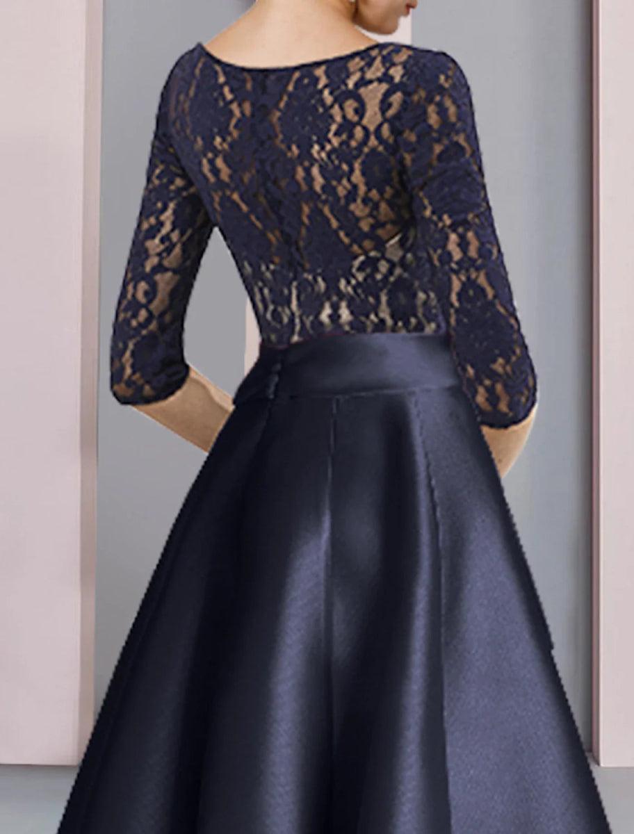 NumberSea - A - Line Mother of the Bride Dress Wedding Guest Vintage Elegant V Neck Ankle Length Satin Lace Half Sleeve with Bow(s) Pleats
