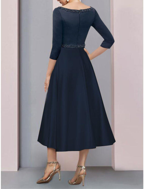 NumberSea - A - Line Mother of the Bride Dress Wedding Guest Vintage Elegant V Neck Tea Length Satin Short Sleeve with Pleats Beading