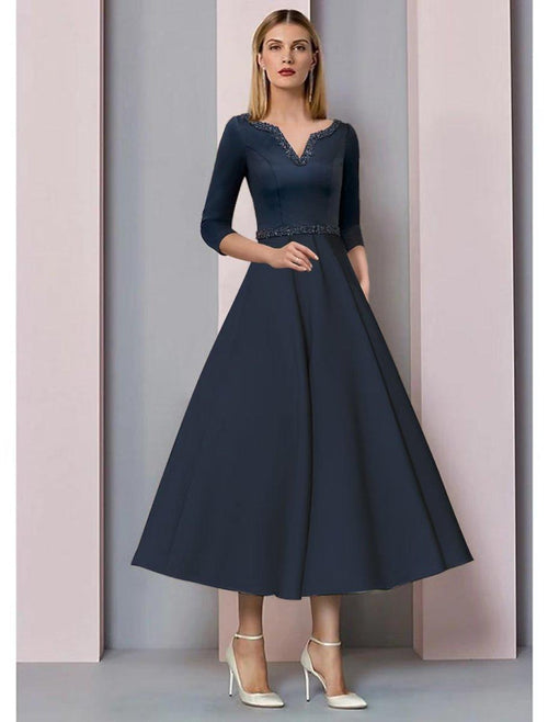 NumberSea - A - Line Mother of the Bride Dress Wedding Guest Vintage Elegant V Neck Tea Length Satin Short Sleeve with Pleats Beading