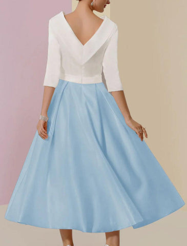NumberSea - A - Line Mother of the Bride Dress Wedding Guest Vintage Formal Elegant Half Sleeve Satin Scoop Neck Tea Length with Pleats Crystals
