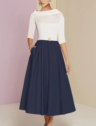 NumberSea - A - Line Mother of the Bride Dress Wedding Guest Vintage Formal Elegant Half Sleeve Satin Scoop Neck Tea Length with Pleats Crystals