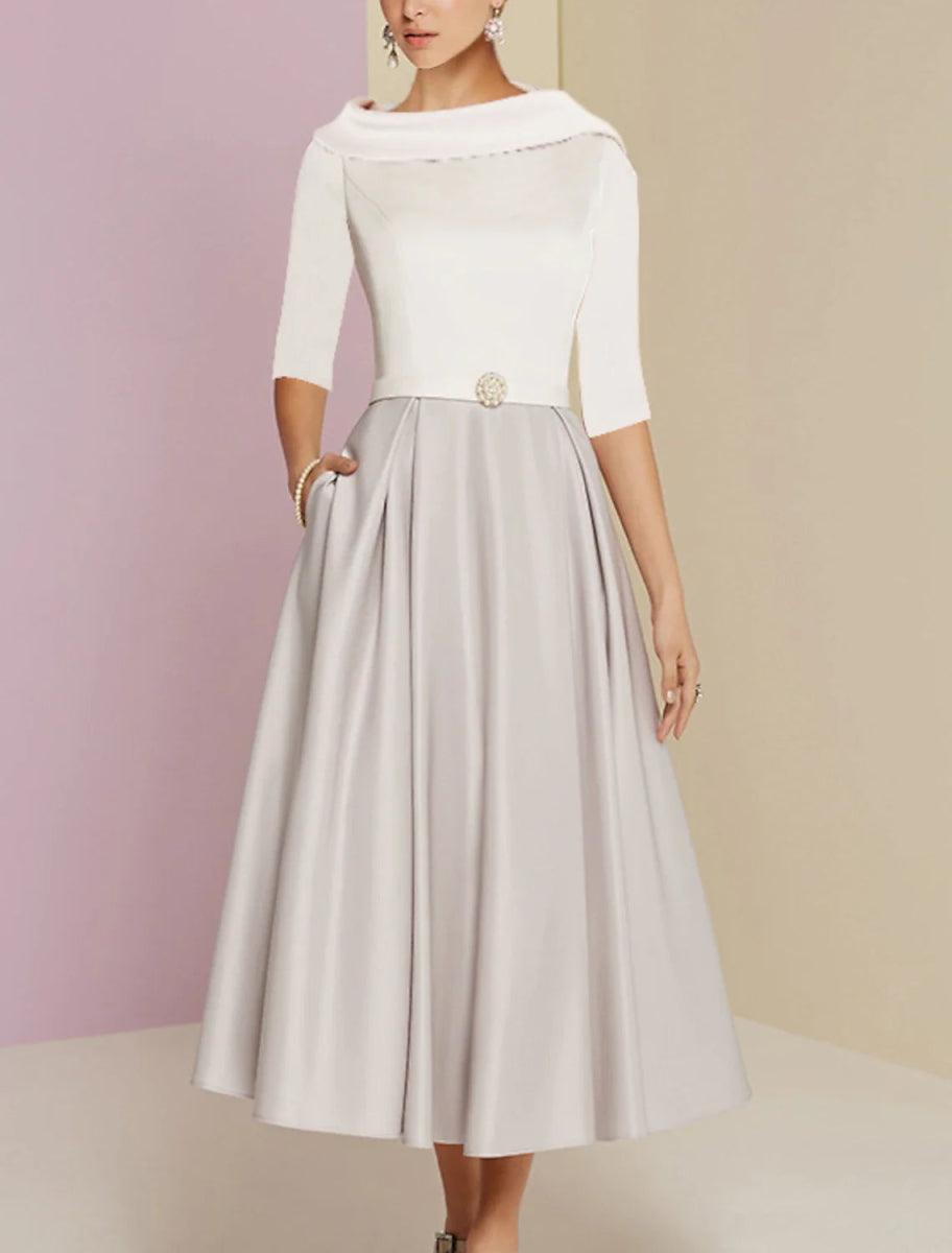 NumberSea - A - Line Mother of the Bride Dress Wedding Guest Vintage Formal Elegant Half Sleeve Satin Scoop Neck Tea Length with Pleats Crystals