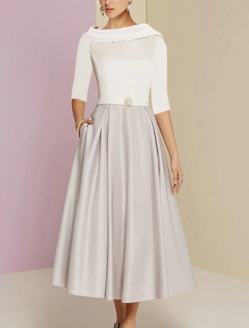 NumberSea - A - Line Mother of the Bride Dress Wedding Guest Vintage Formal Elegant Half Sleeve Satin Scoop Neck Tea Length with Pleats Crystals