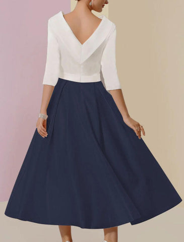NumberSea - A - Line Mother of the Bride Dress Wedding Guest Vintage Formal Elegant Half Sleeve Satin Scoop Neck Tea Length with Pleats Crystals