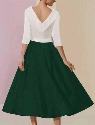 NumberSea - A - Line Mother of the Bride Dress Wedding Guest Vintage Formal Elegant Half Sleeve Satin Scoop Neck Tea Length with Pleats Crystals
