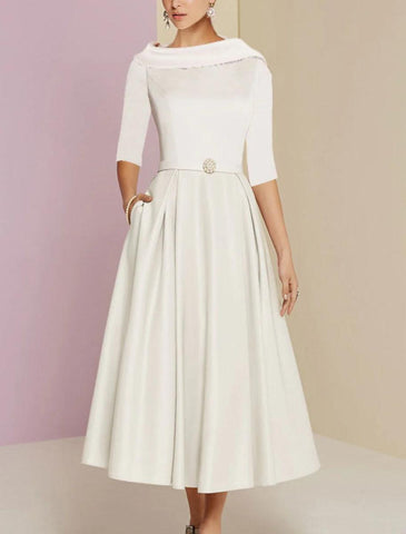 NumberSea - A - Line Mother of the Bride Dress Wedding Guest Vintage Formal Elegant Half Sleeve Satin Scoop Neck Tea Length with Pleats Crystals