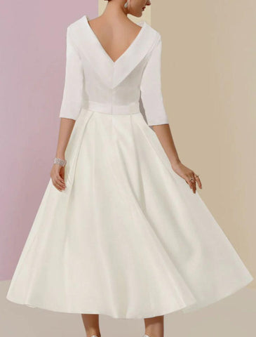 NumberSea - A - Line Mother of the Bride Dress Wedding Guest Vintage Formal Elegant Half Sleeve Satin Scoop Neck Tea Length with Pleats Crystals