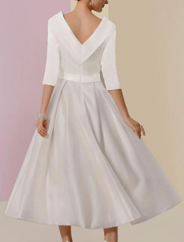 NumberSea - A - Line Mother of the Bride Dress Wedding Guest Vintage Formal Elegant Half Sleeve Satin Scoop Neck Tea Length with Pleats Crystals