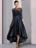 NumberSea - A - Line Mother of the Bride Dress Wedding Guest Vintage Party Jewel Neck Asymmetrical Satin Lace Sequined Half Sleeve with Pleats