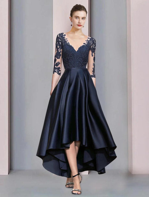 NumberSea - A - Line Mother of the Bride Dress Wedding Guest Vintage Sexy V Neck Asymmetrical Satin Lace Half Sleeve with Pleats