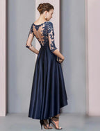NumberSea - A - Line Mother of the Bride Dress Wedding Guest Vintage Sexy V Neck Asymmetrical Satin Lace Half Sleeve with Pleats
