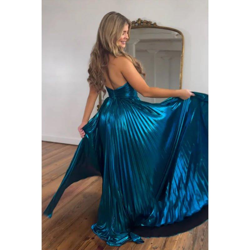 NumberSea - A - line Navy Blue Satin Criss Cross Halter Long Prom Dress Evening Gowns