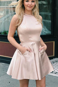 A-line Navy Blue Short Prom Dress Homecoming Dress with Beaded Back