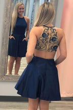 A-line Navy Blue Short Prom Dress Homecoming Dress with Beaded Back