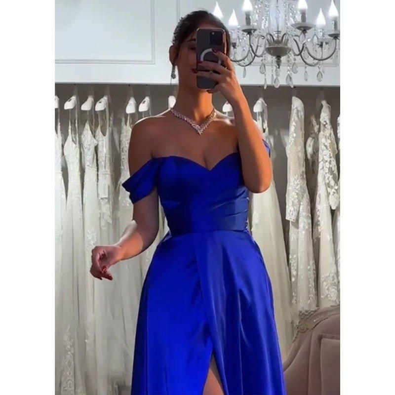 NumberSea - A - line Off - shoulder Satin Long Prom Dress with Split Evening Gowns