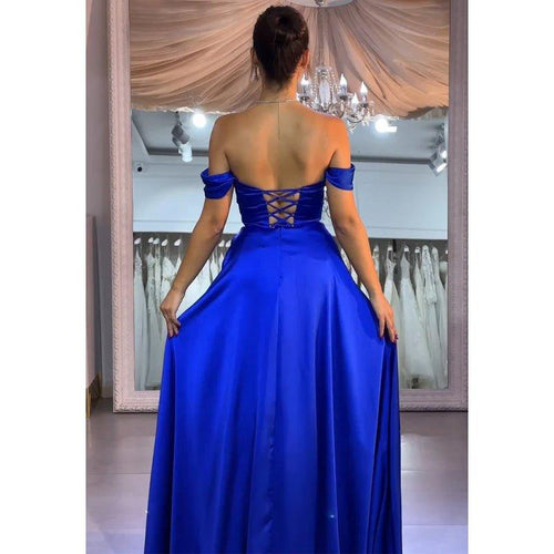 NumberSea - A - line Off - shoulder Satin Long Prom Dress with Split Evening Gowns