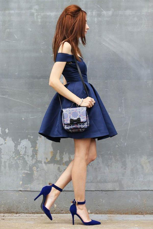 A-Line Off-the-Shoulder Short Navy Blue Satin Sleeveless Homecoming Dress
