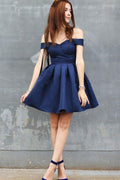 A-Line Off-the-Shoulder Short Navy Blue Satin Sleeveless Homecoming Dress