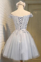 A-Line Off-the-Shoulder Short Sleeveless Grey Tulle Homecoming Dress