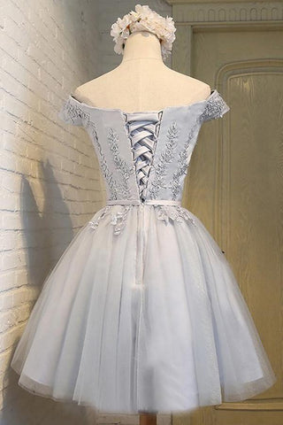 A-Line Off-the-Shoulder Short Sleeveless Grey Tulle Homecoming Dress