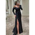 NumberSea - A Line One Shoulder Beads Long Sleeves Formal Evening Dress