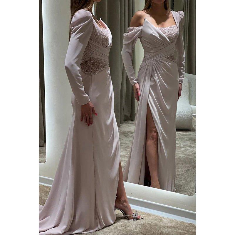 NumberSea - A Line One Shoulder Beads Long Sleeves Formal Evening Dress