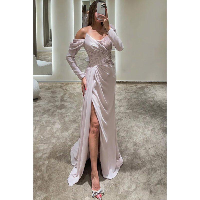 NumberSea - A Line One Shoulder Beads Long Sleeves Formal Evening Dress