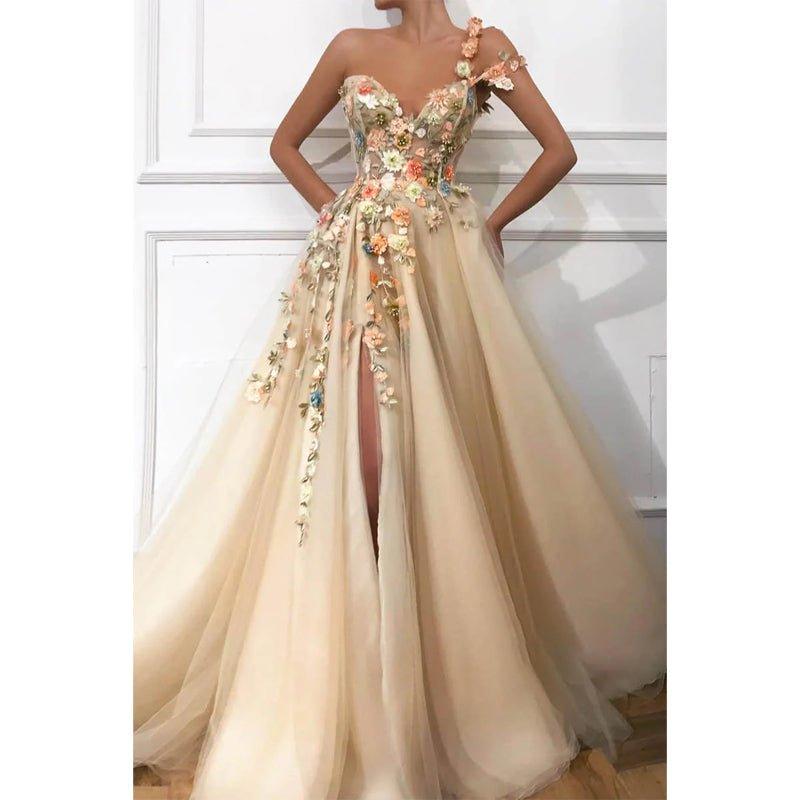 NumberSea - A - line One Shoulder Tulle Appliques Long Prom Dress with Slit