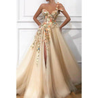 NumberSea - A - line One Shoulder Tulle Appliques Long Prom Dress with Slit