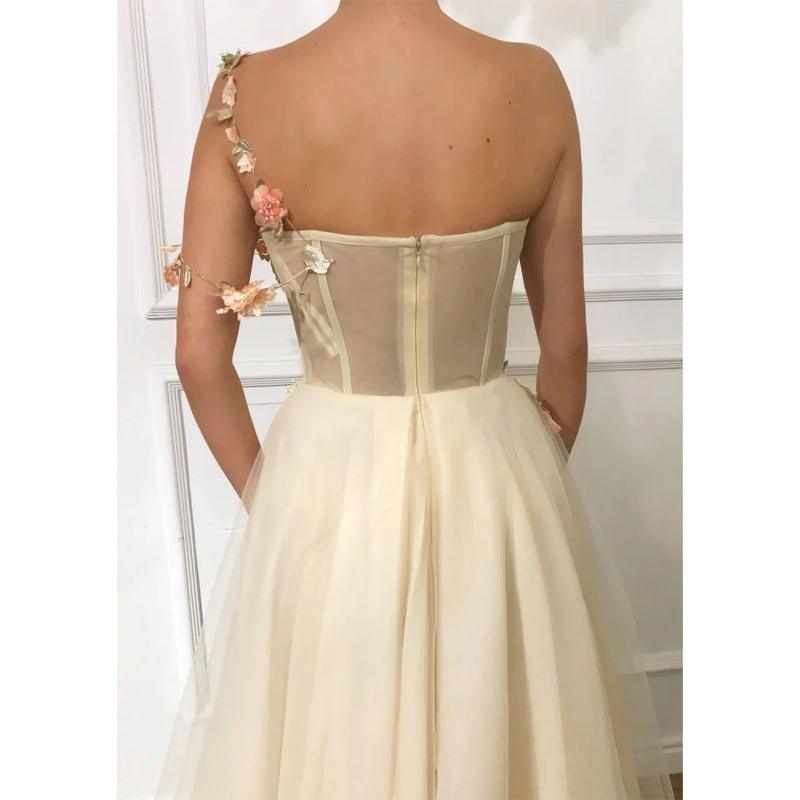 NumberSea - A - line One Shoulder Tulle Appliques Long Prom Dress with Slit