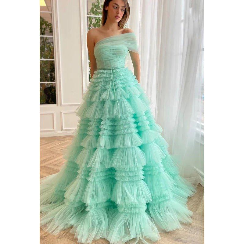 NumberSea - A - Line One Shoulder Tulle Ruffles Zipper - Up Prom Dress