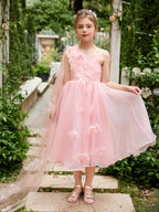 NumberSea - A - line Organza Tea - length Pink Dress (010220821)