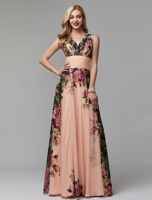NumberSea - A - Line Party Dress Floral Dress Holiday Wedding Guest Floor Length Sleeveless V Neck Bridesmaid Dress Chiffon with Pattern / Print