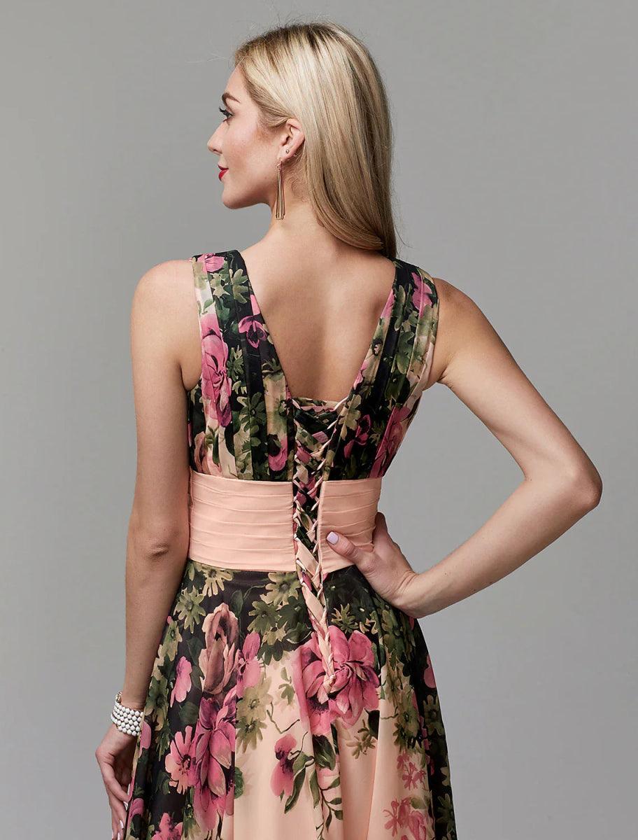 NumberSea - A - Line Party Dress Floral Dress Holiday Wedding Guest Floor Length Sleeveless V Neck Bridesmaid Dress Chiffon with Pattern / Print