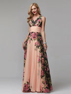 NumberSea - A - Line Party Dress Floral Dress Holiday Wedding Guest Floor Length Sleeveless V Neck Bridesmaid Dress Chiffon with Pattern / Print