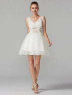NumberSea - A - Line Party Dress Homecoming Graduation Short / Mini Sleeveless V Neck Lace Over Tulle with Crystals Appliques