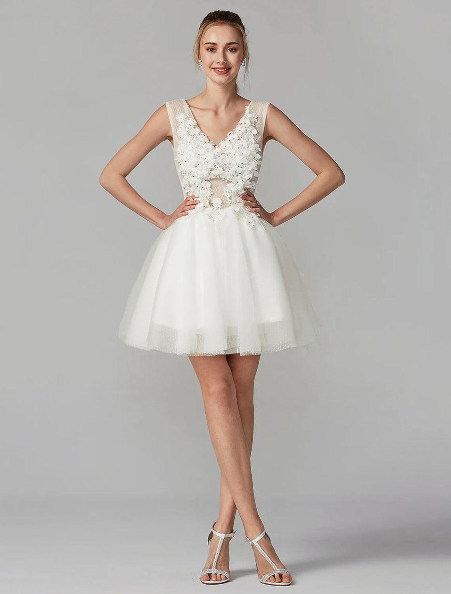 NumberSea - A - Line Party Dress Homecoming Graduation Short / Mini Sleeveless V Neck Lace Over Tulle with Crystals Appliques
