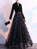 NumberSea - A - Line Party Dress Sparkle Elegant Prom Formal Evening Dress Queen Anne Long Sleeve Floor Length Sequined with Sash / Ribbon Sequin