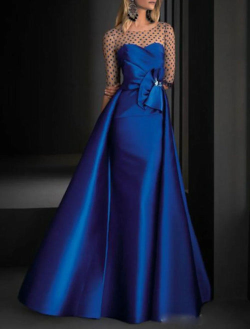 NumberSea - A - Line Party Dress Vintage Engagement Formal Evening Dress Illusion Neck Half Sleeve Floor Length Satin with Crystals