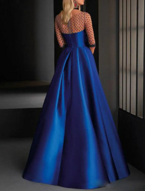 NumberSea - A - Line Party Dress Vintage Engagement Formal Evening Dress Illusion Neck Half Sleeve Floor Length Satin with Crystals