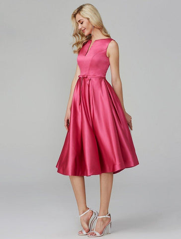 NumberSea - A - Line Party Dress Wedding Guest Cocktail Party Knee Length Sleeveless V Wire Pink Dress Satin with Sash / Ribbon