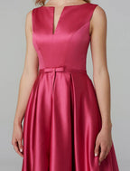 NumberSea - A - Line Party Dress Wedding Guest Cocktail Party Knee Length Sleeveless V Wire Pink Dress Satin with Sash / Ribbon