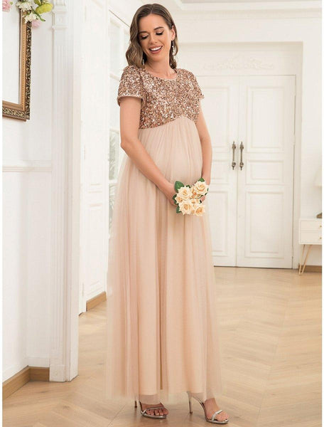 A-Line Party Dresses Maternity Dress Party Wear Wedding Guest Ankle Length Short Sleeve Jewel Neck Tulle with Sequin, US 26plus / UK 30 / EU 56